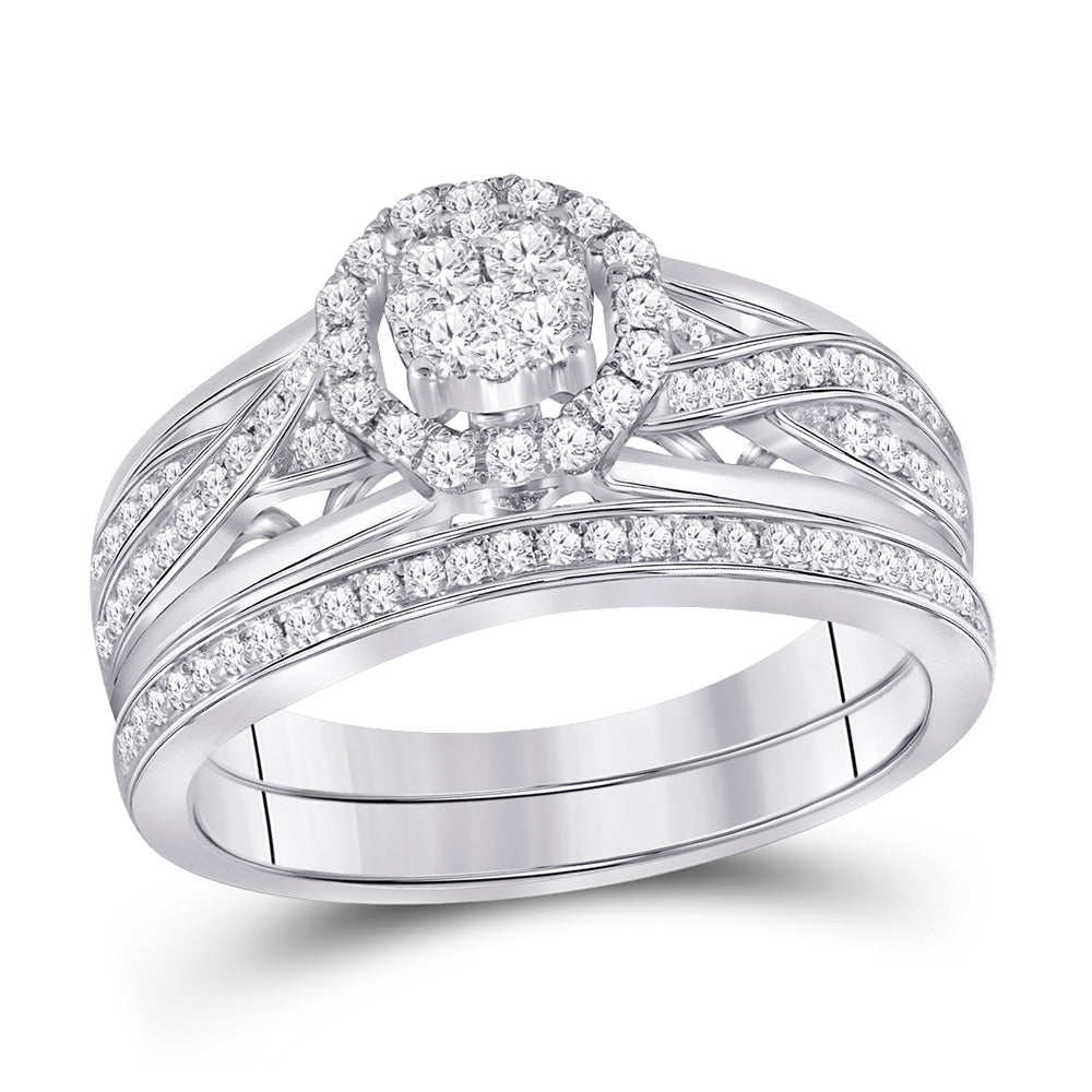 14kt White Gold Round Diamond Cluster Bridal Wedding Ring Band Set 1/2 Cttw
