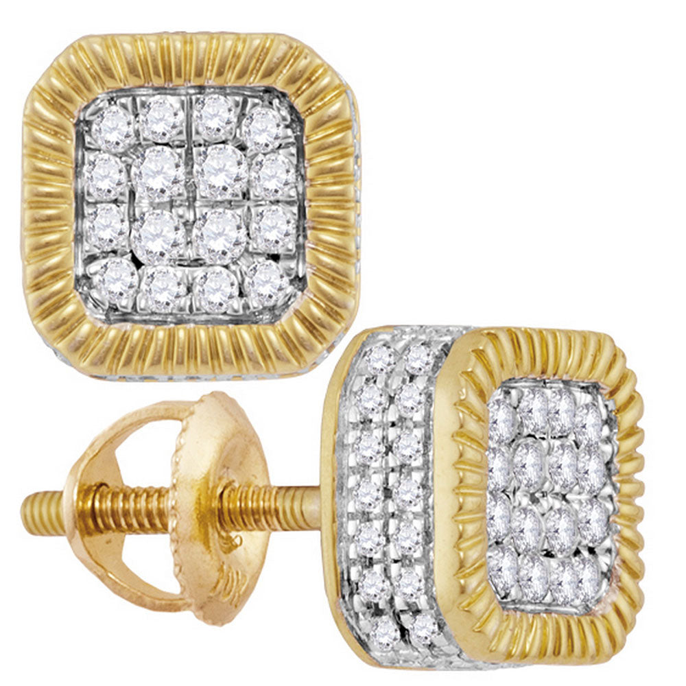10kt Yellow Gold Mens Round Diamond Cluster Fluted Square Stud Earrings 1/2 Cttw