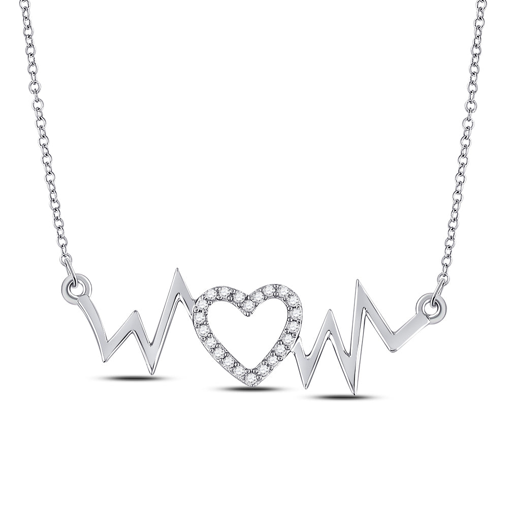 10kt White Gold Womens Round Diamond Heartbeat Necklace 1/10 Cttw