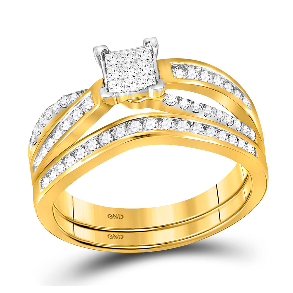 14kt Yellow Gold Princess Diamond Bridal Wedding Ring Band Set 1/2 Cttw