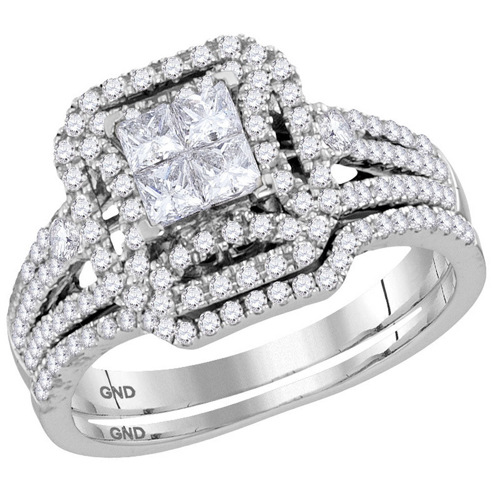 14kt White Gold Princess Diamond Bridal Wedding Ring Band Set 1 Cttw