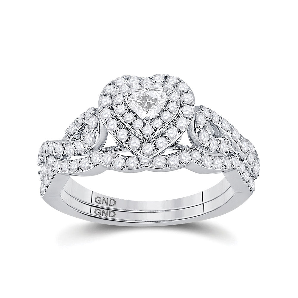 10kt White Gold Heart Diamond Bridal Wedding Ring Band Set 1 Cttw