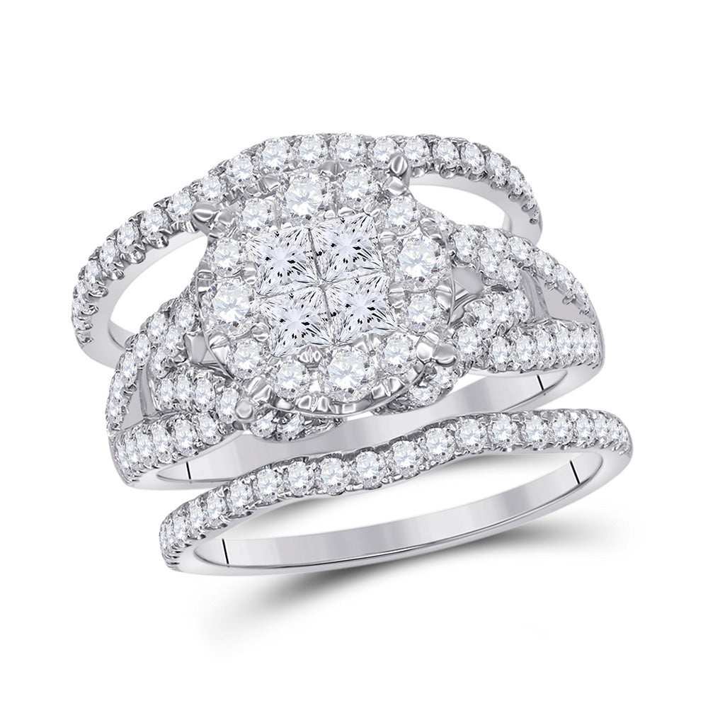 14kt White Gold Princess Diamond Bridal Wedding Ring Band Set 2 Cttw