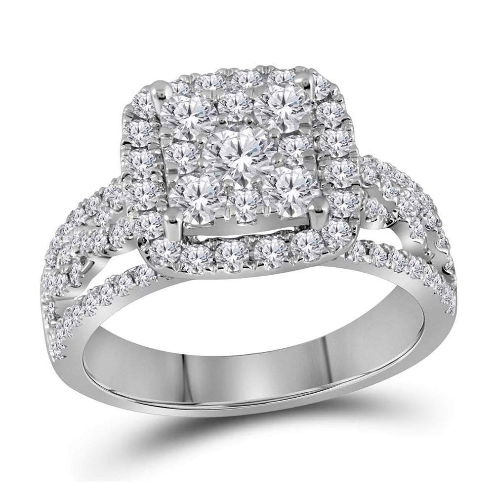 14kt White Gold Round Diamond Cluster Bridal Wedding Engagement Ring 1-1/2 Cttw