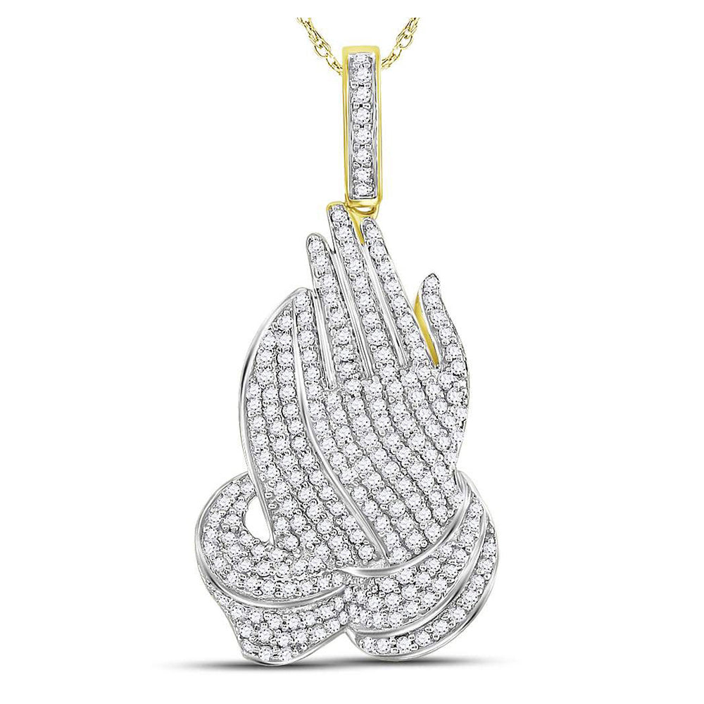 10kt Yellow Gold Mens Round Diamond Praying Hands Charm Pendant 1-5/8 Cttw