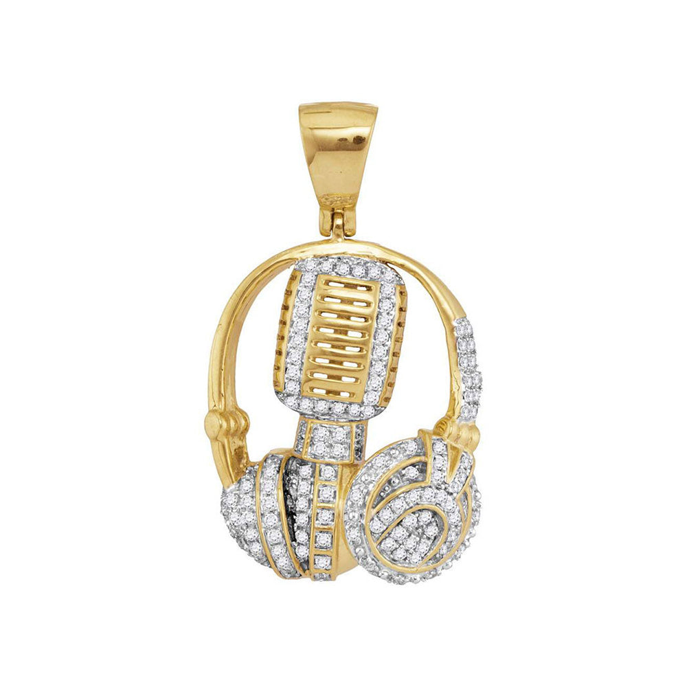 10kt Yellow Gold Mens Diamond Mic Headphone DJ Music Charm Pendant 1 Cttw