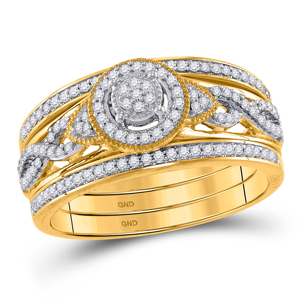 10kt Yellow Gold Round Diamond 3-Piece Bridal Wedding Ring Band Set 1/3 Cttw