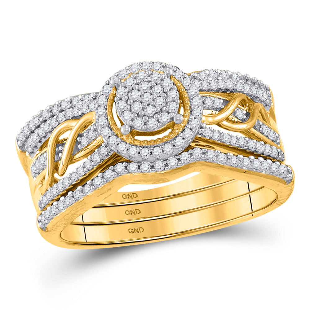 10kt Yellow Gold Round Diamond 3-Piece Bridal Wedding Ring Band Set 3/8 Cttw