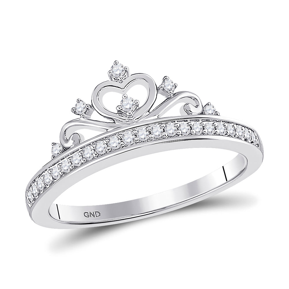 10kt White Gold Womens Round Diamond Crown Tiara Fashion Ring 1/6 Cttw