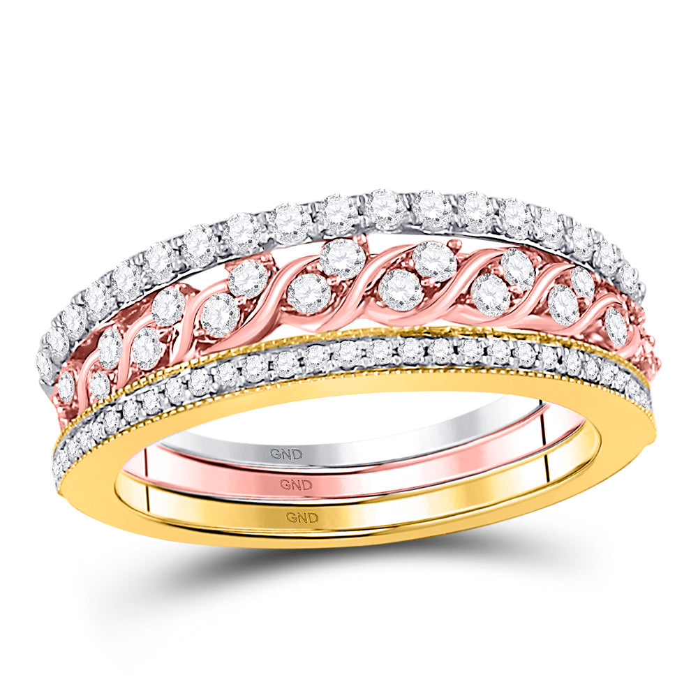 10kt Tri-Tone Gold Womens Round Diamond Trio Stackable Band Ring Set 3/4 Cttw