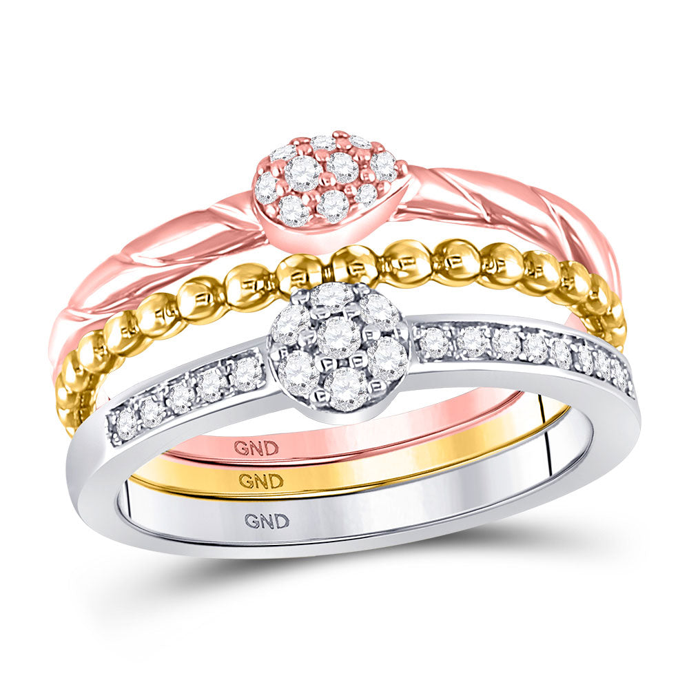 10kt Tri-Tone Gold Womens Round Diamond Trio Stackable Band Ring Set 1/3 Cttw