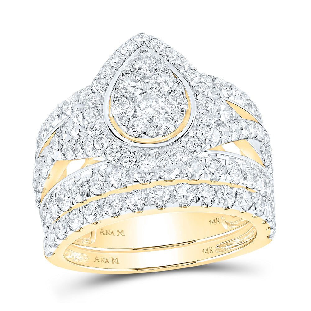 14kt Yellow Gold Round Diamond Teardrop Bridal Wedding Ring Band Set 3 Cttw