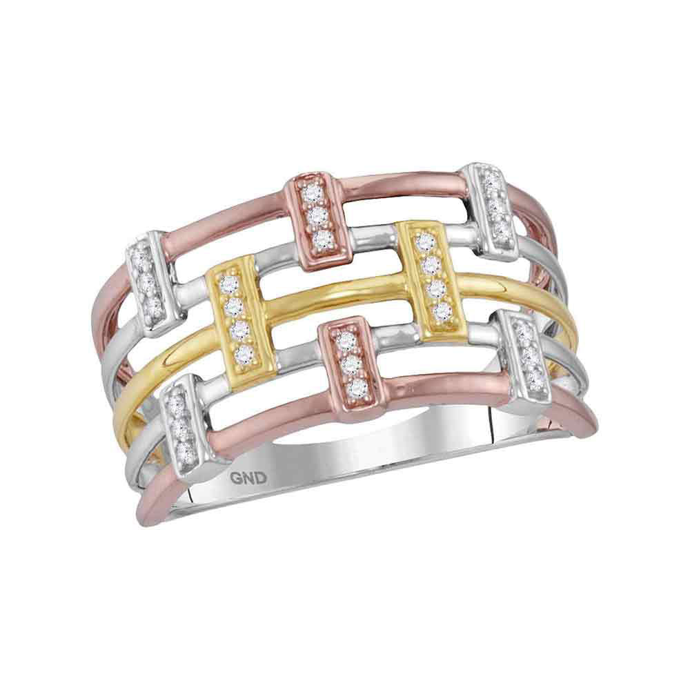 10kt Tri-Tone Gold Womens Round Diamond Fashion Band Ring 1/10 Cttw