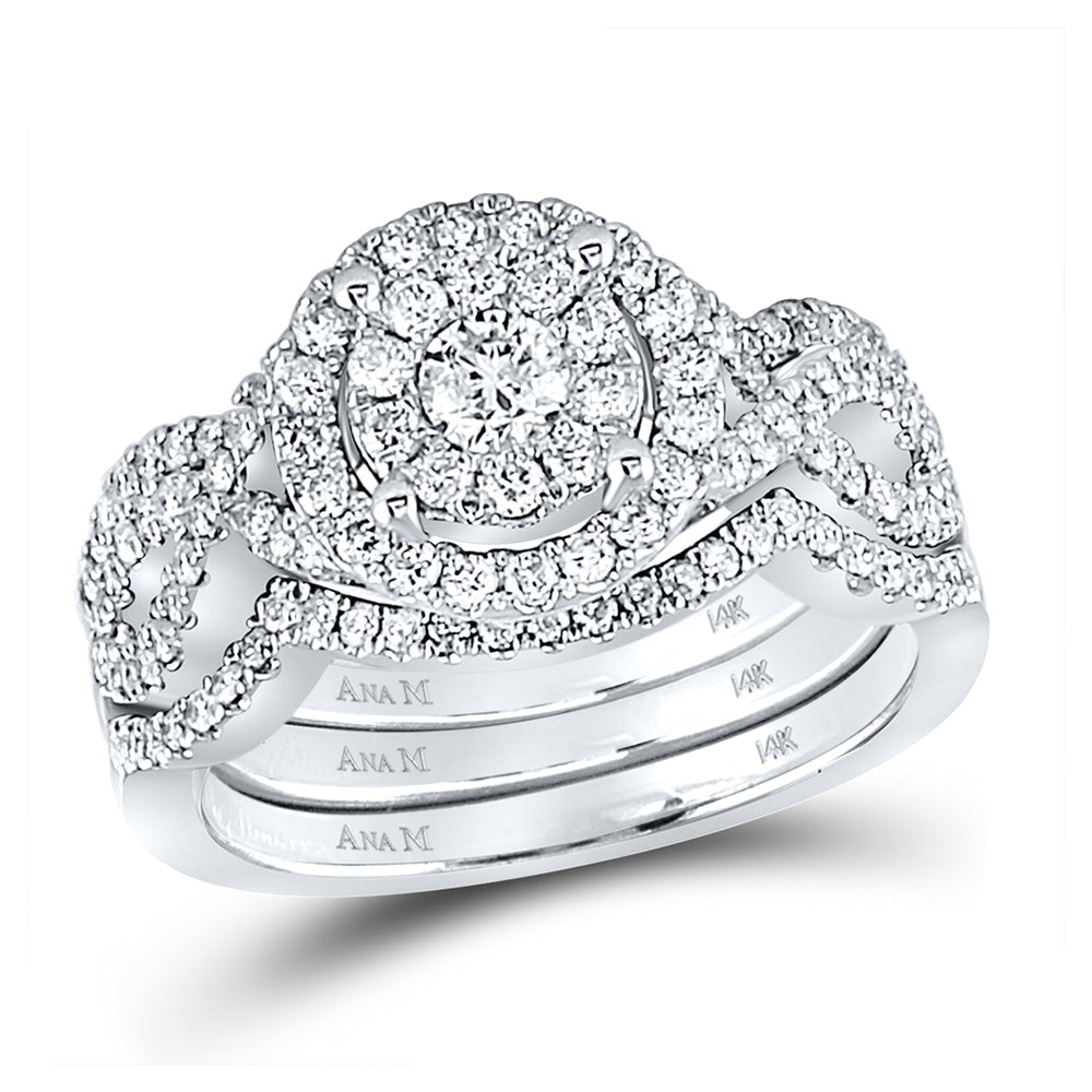 14kt White Gold Round Diamond Halo Bridal Wedding Ring Band Set 1 Cttw