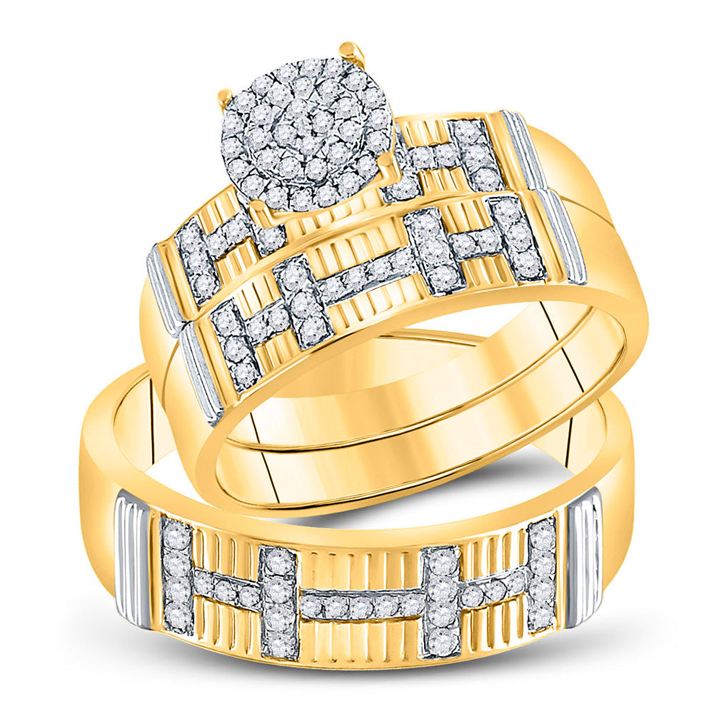 10kt Yellow Gold His Hers Round Diamond Cluster Matching Wedding Set 1/2 Cttw