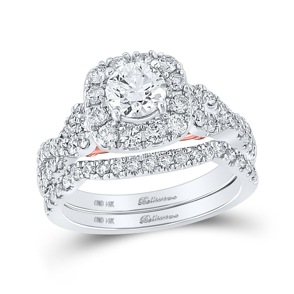 14kt Two-tone Gold Round Diamond Halo Bridal Wedding Ring Band Set 1-3/4 Cttw