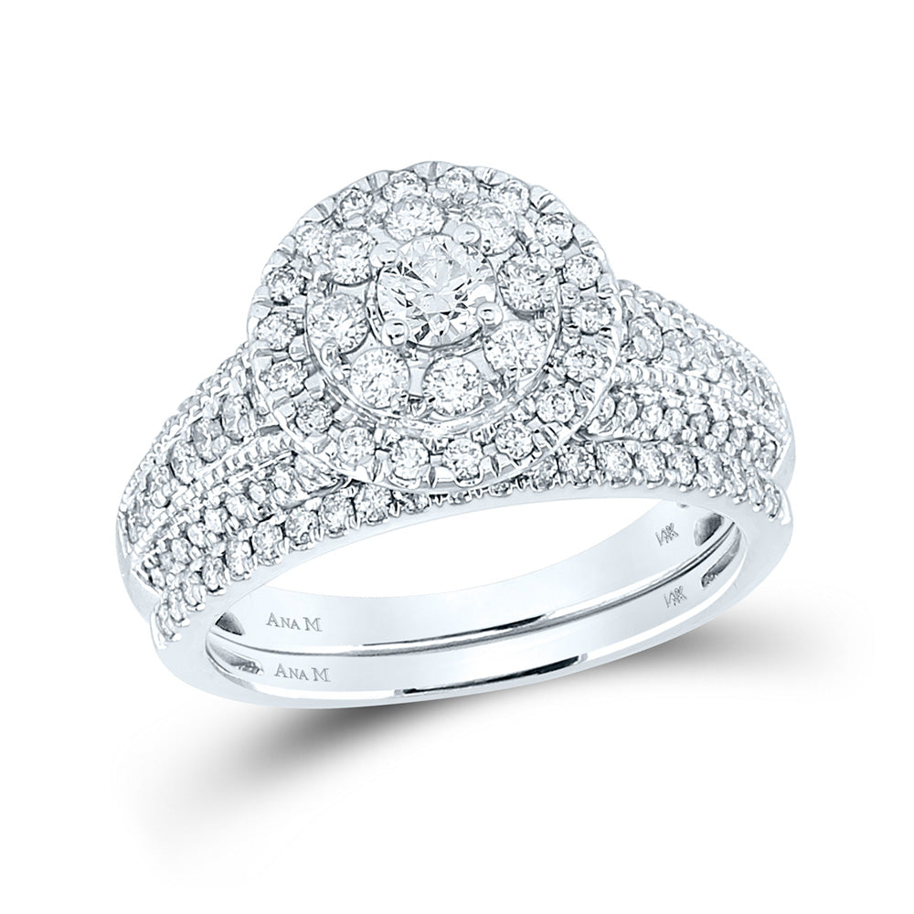 14kt White Gold Round Diamond Halo Bridal Wedding Ring Band Set 1 Cttw