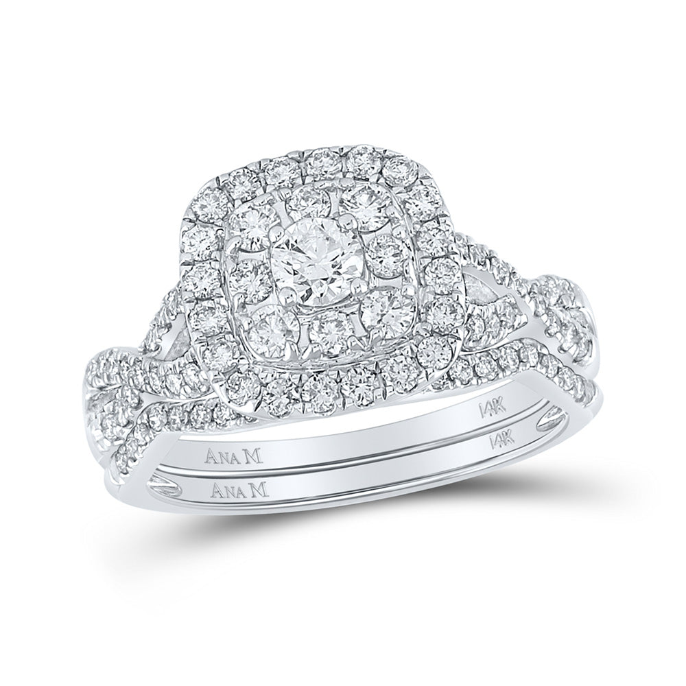 14kt White Gold Round Diamond Halo Bridal Wedding Ring Band Set 1 Cttw
