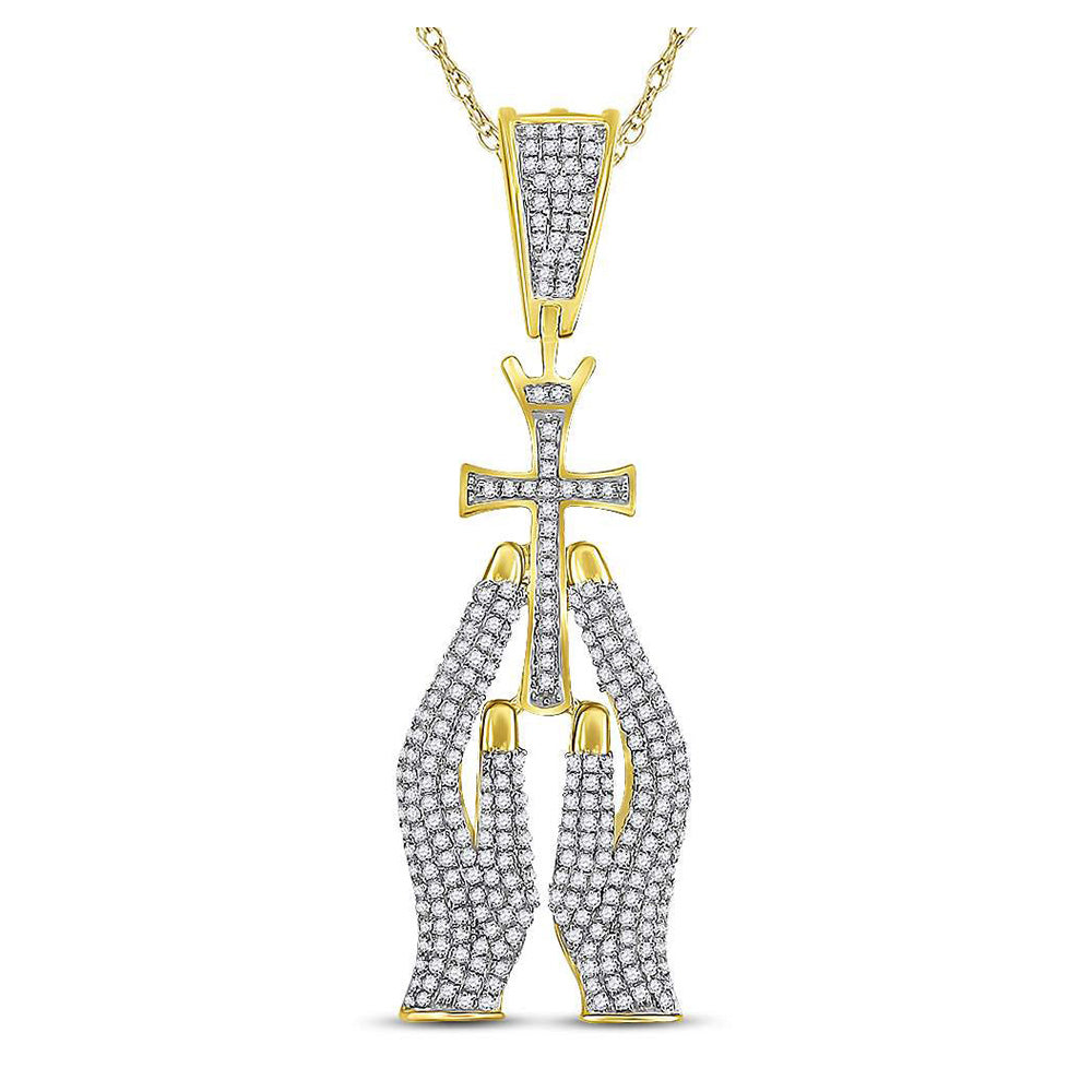 10kt Yellow Gold Mens Round Diamond Praying Hands Cross Charm Pendant 7/8 Cttw
