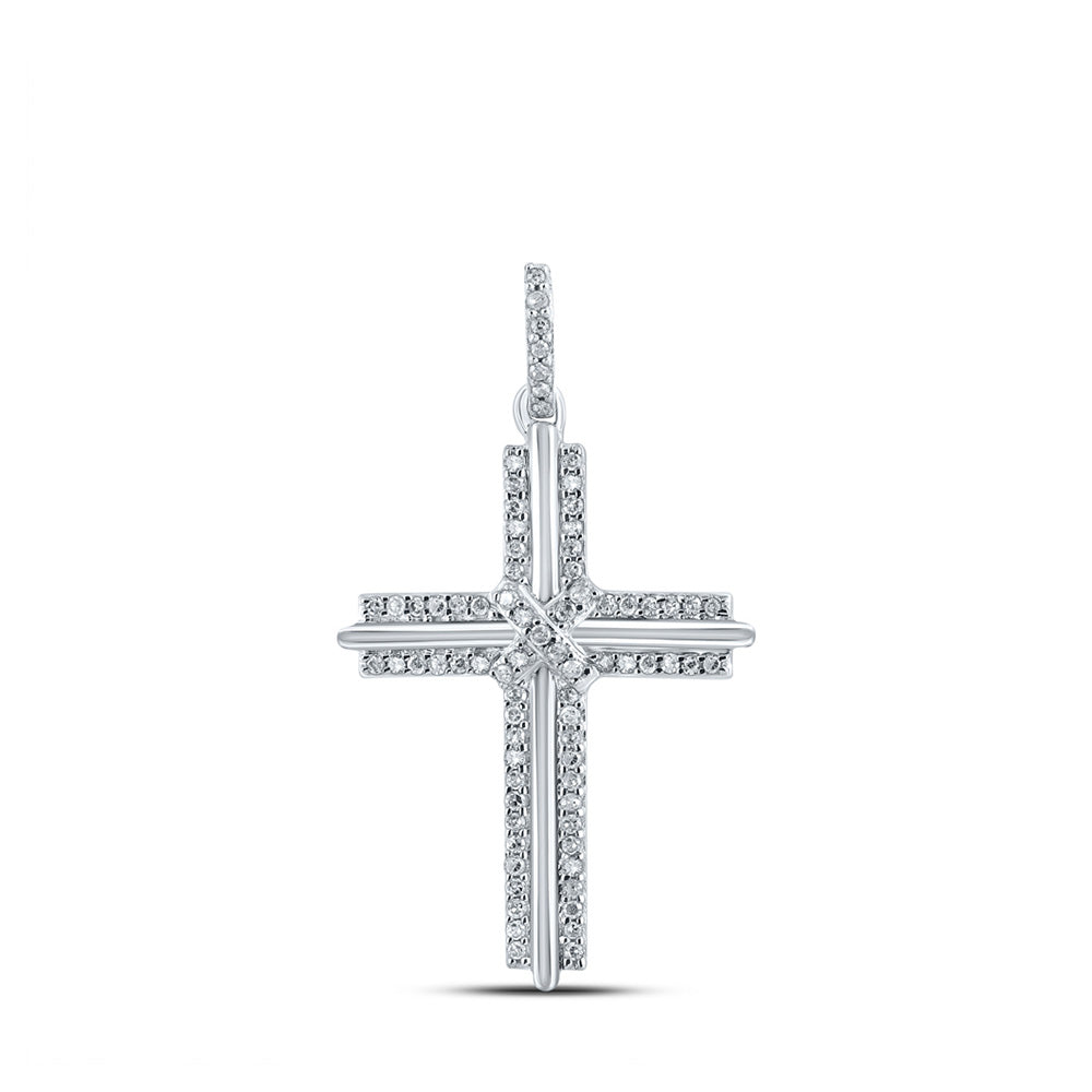 10kt White Gold Mens Round Diamond Cross Charm Pendant 1/5 Cttw