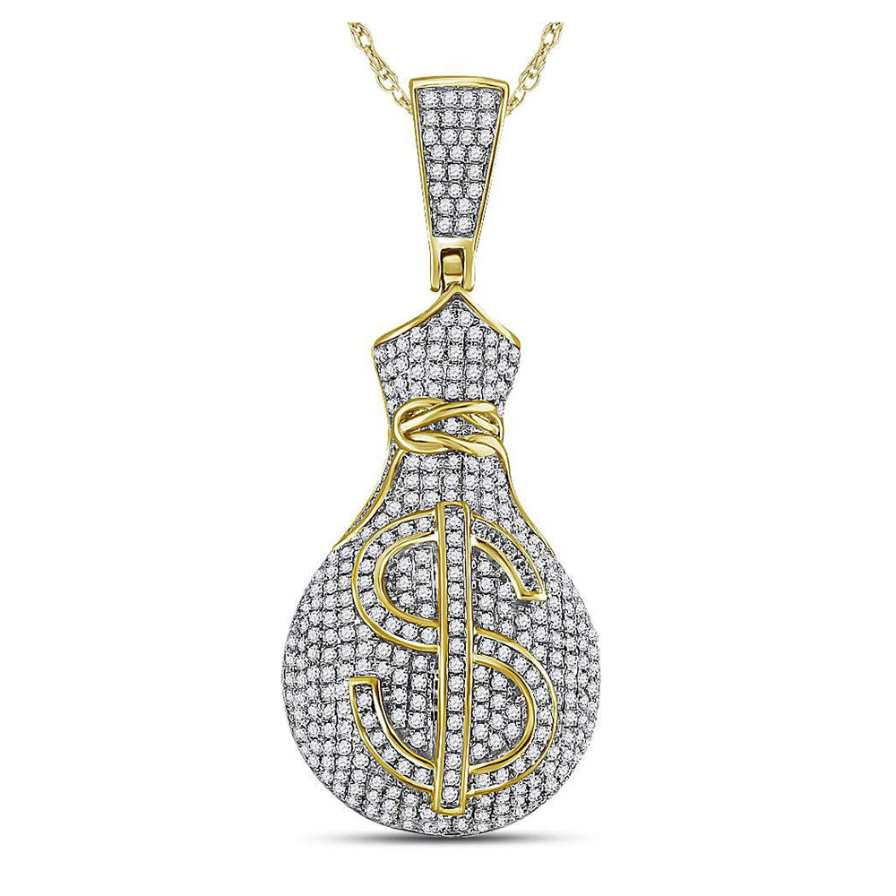10kt Yellow Gold Mens Round Diamond Money Bag Dollar Sign Charm Pendant 1 Cttw