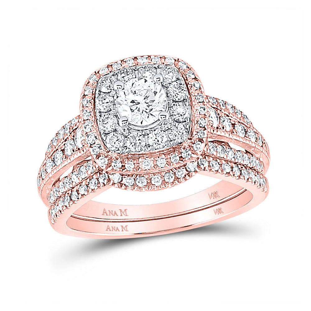 14kt Rose Gold Round Diamond Halo Bridal Wedding Ring Band Set 1 Cttw
