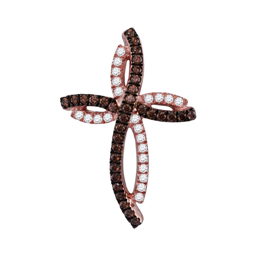 10kt Rose Gold Womens Round Brown Diamond Cross Pendant 1/5 Cttw