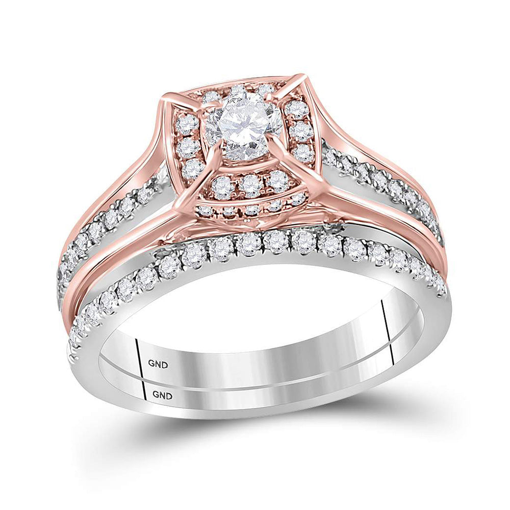 14kt Two-tone Gold Round Diamond Elevated Bridal Wedding Ring Band Set 1 Cttw