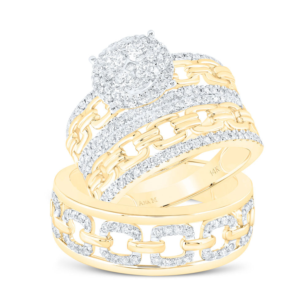 14kt Yellow Gold His Hers Round Diamond Cluster Matching Wedding Set 1-3/8 Cttw