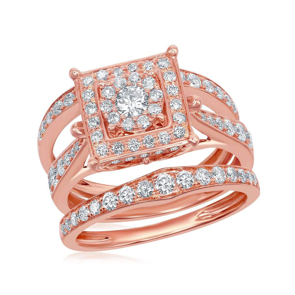 14kt Rose Gold Round Diamond Bridal Wedding Ring Band Set 1-1/2 Cttw