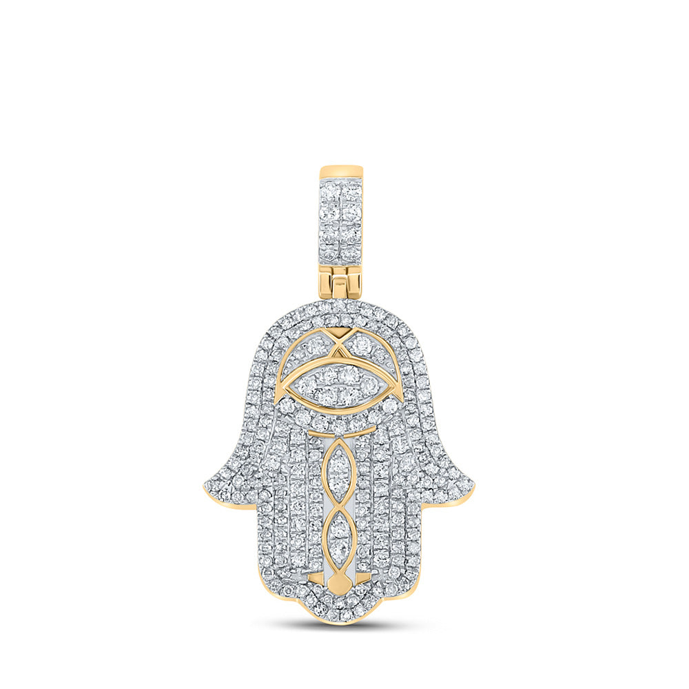 10kt Yellow Gold Mens Round Diamond Hamsa Hand Charm Pendant 1-1/2 Cttw
