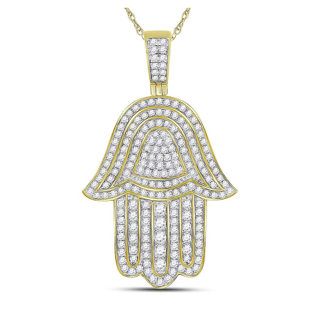 10kt Yellow Gold Mens Round Diamond Hamsa Hand Charm Pendant 1-3/4 Cttw