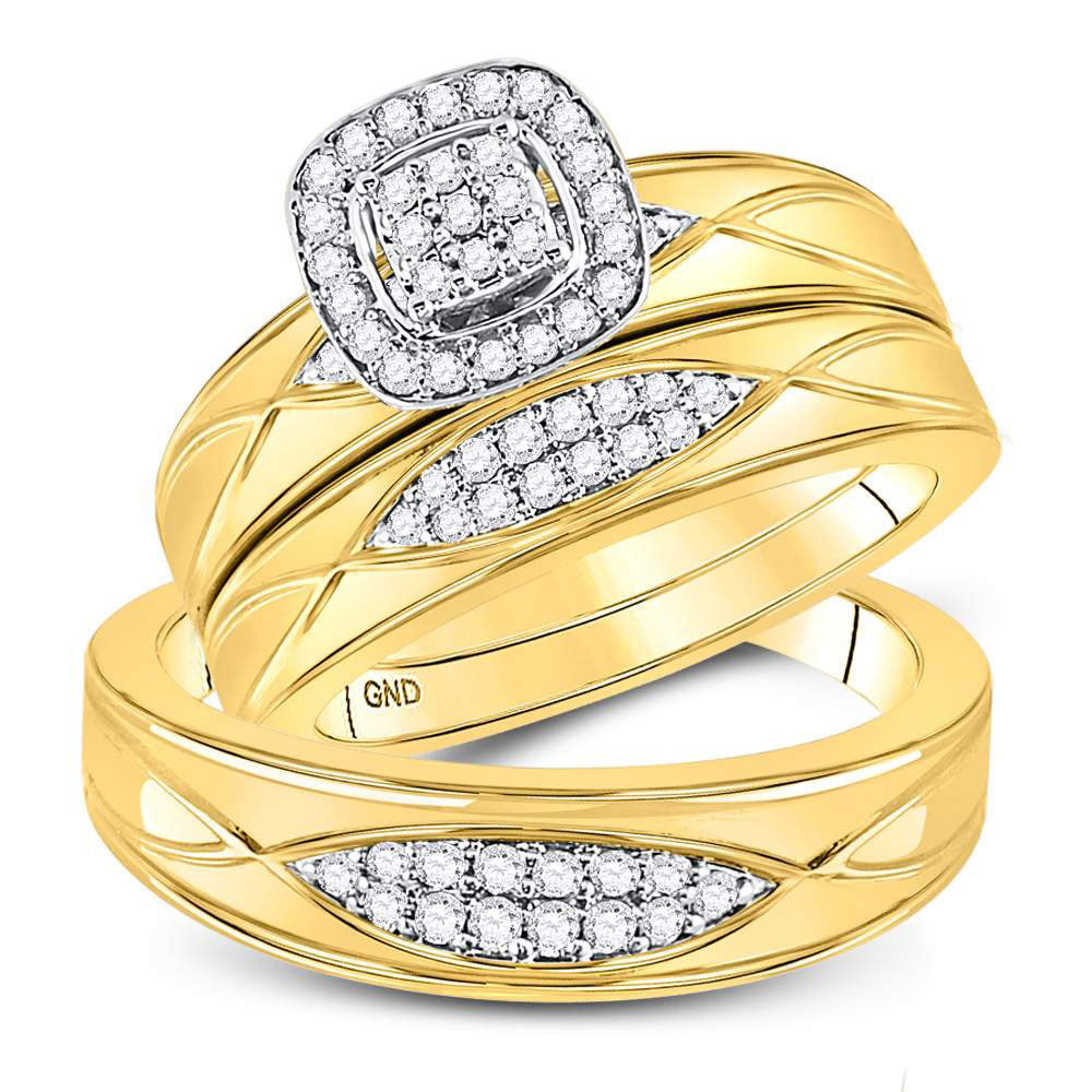 10kt Yellow Gold His Hers Round Diamond Cluster Matching Wedding Set 3/8 Cttw