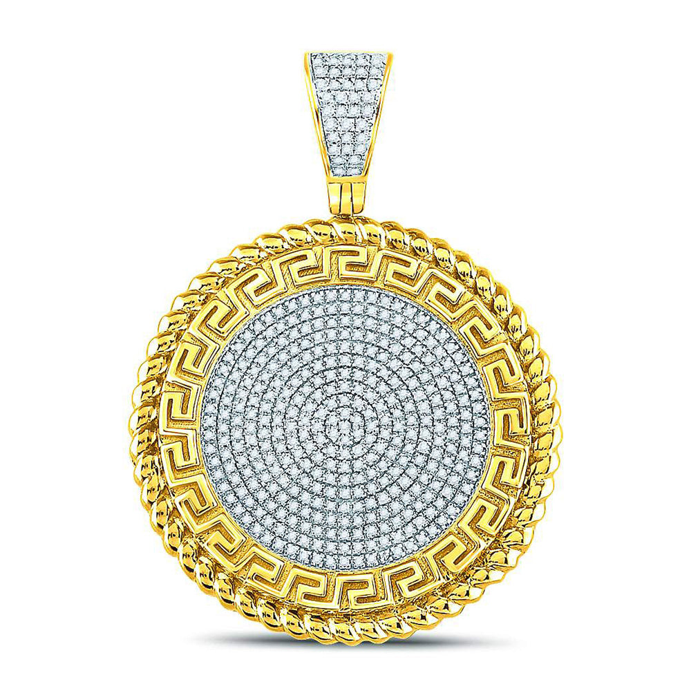 10kt Yellow Gold Mens Round Diamond Greek Key Circle Charm Pendant 5/8 Cttw