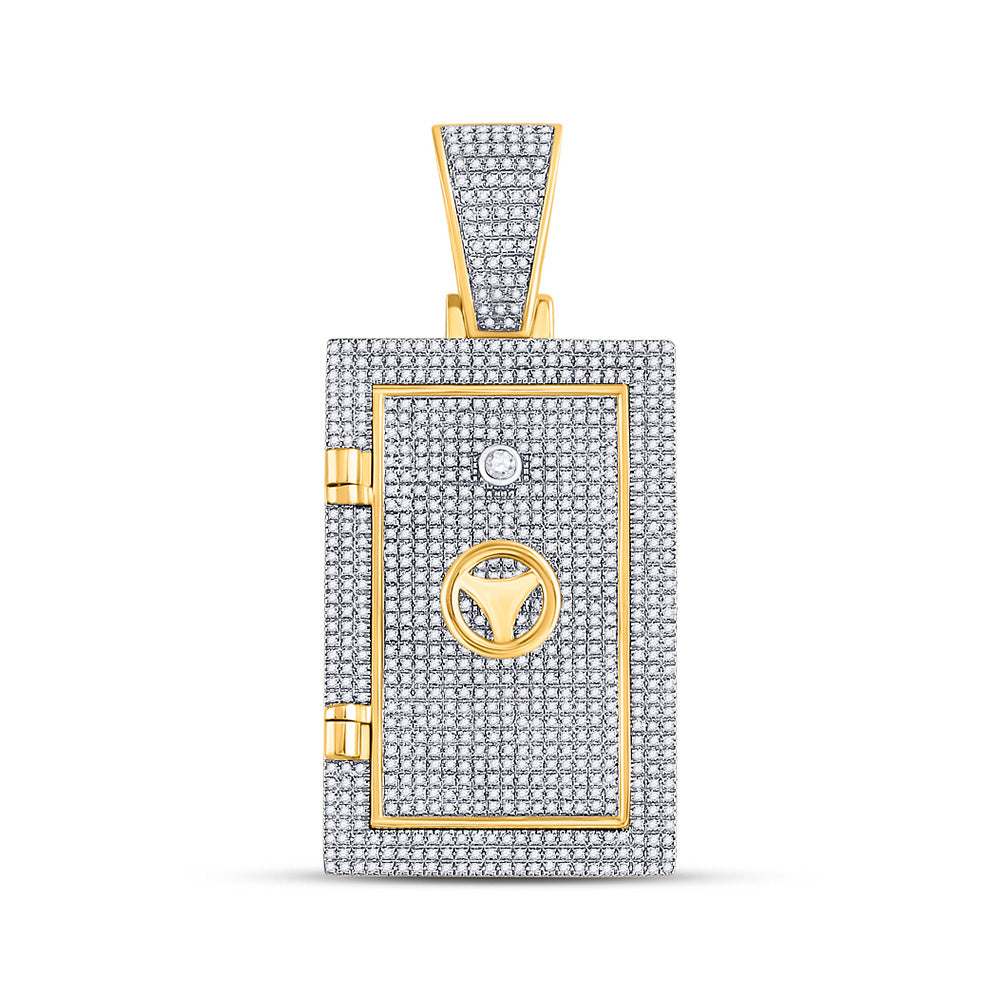 10kt Yellow Gold Mens Round Diamond Bank Safe Vault Charm Pendant 1-1/3 Cttw