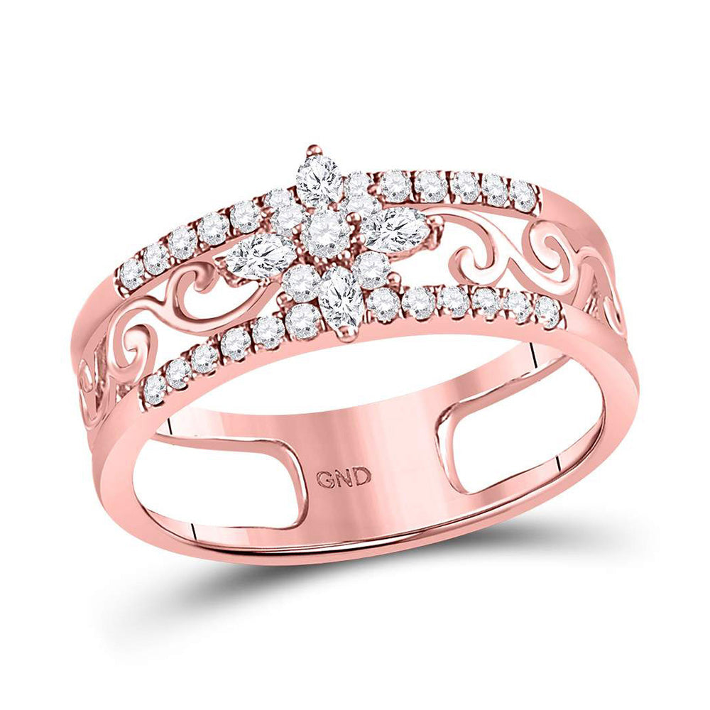 14kt Rose Gold Womens Marquise Diamond Cluster Curl Scroll Band Ring 1/2 Cttw