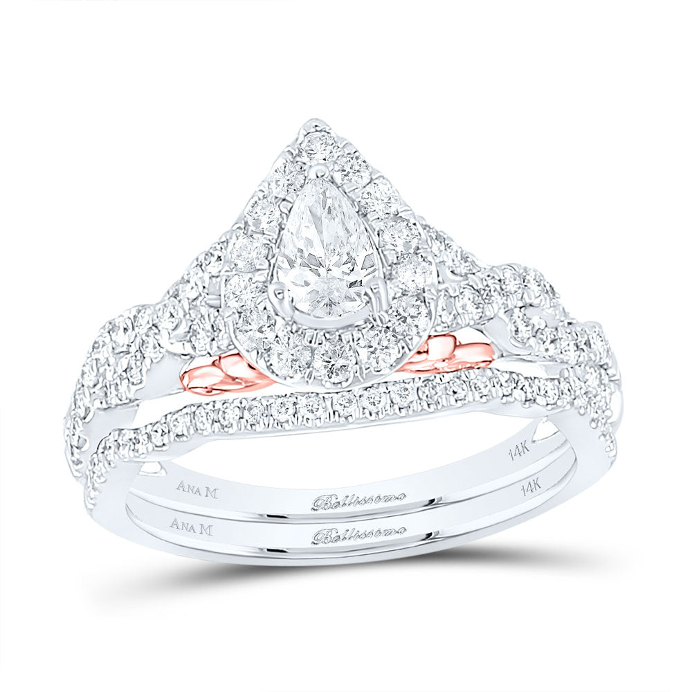 14kt Two-tone Gold Pear Diamond Bridal Wedding Ring Band Set 1 Cttw