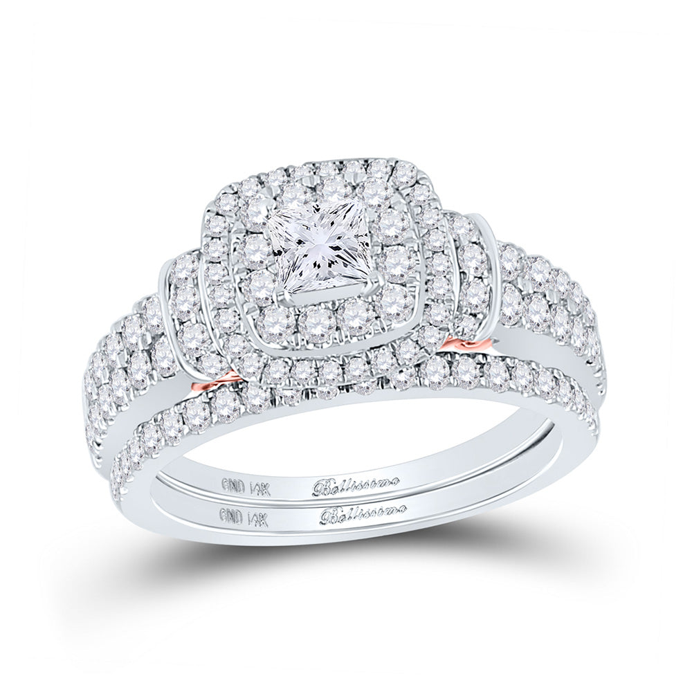 14kt Two-tone Gold Round Diamond Halo Bridal Wedding Ring Band Set 1-1/3 Cttw