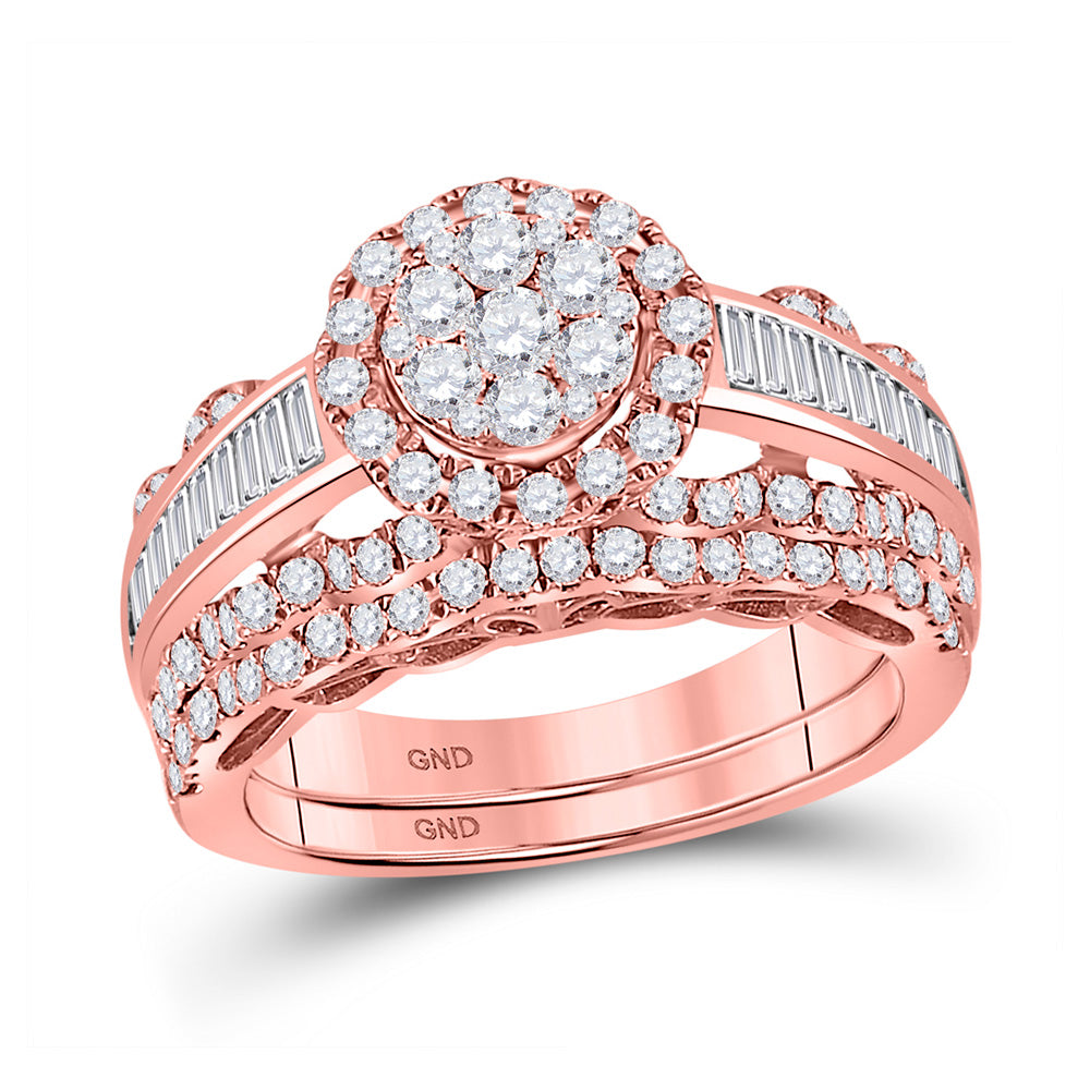 14kt Rose Gold Round Diamond Cluster Bridal Wedding Ring Band Set 1-1/2 Cttw