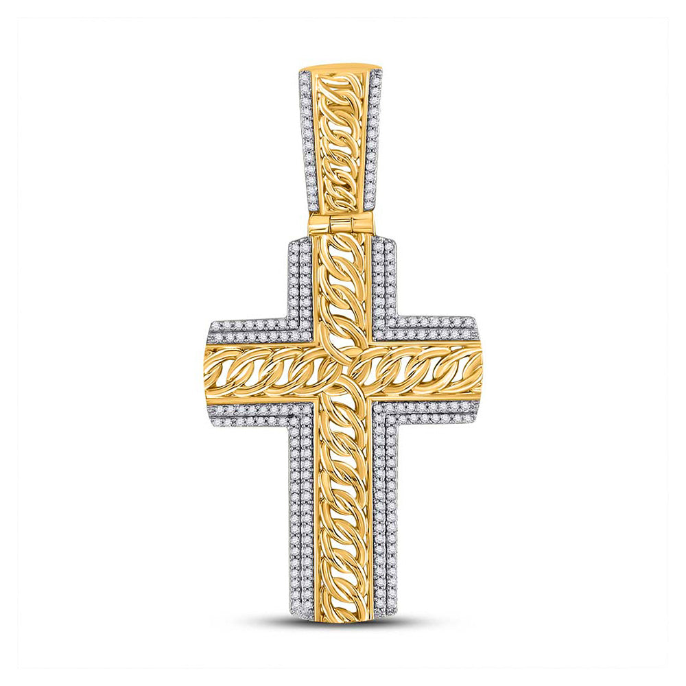 10kt Yellow Gold Mens Round Diamond Curb Link Cross Charm Pendant 1/2 Cttw