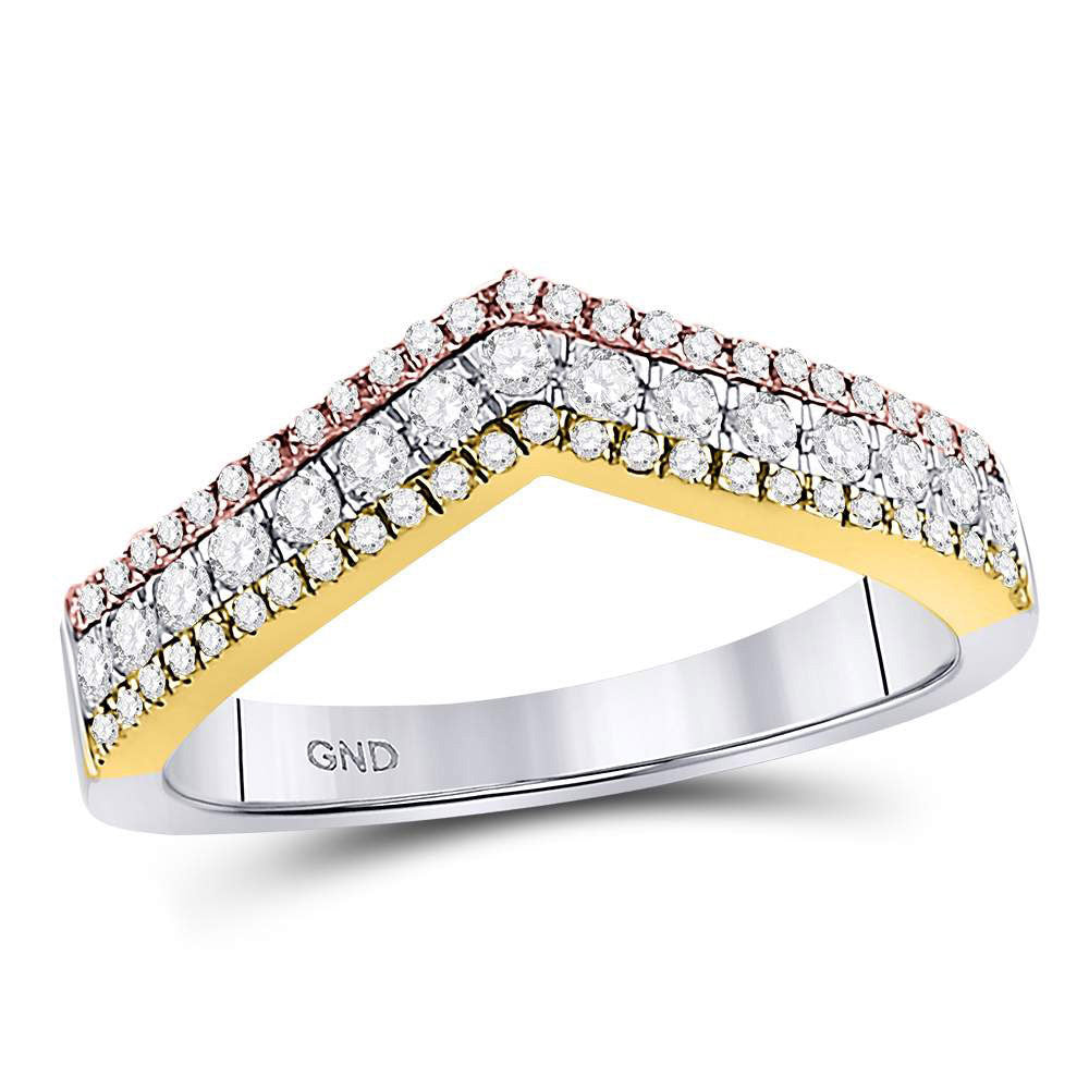 10kt Tri-Tone Gold Womens Round Diamond Chevron Band Ring 1/2 Cttw