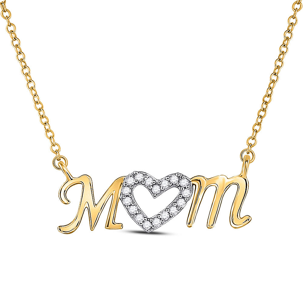 10kt Yellow Gold Womens Round Diamond Heart Mom Necklace 1/10 Cttw