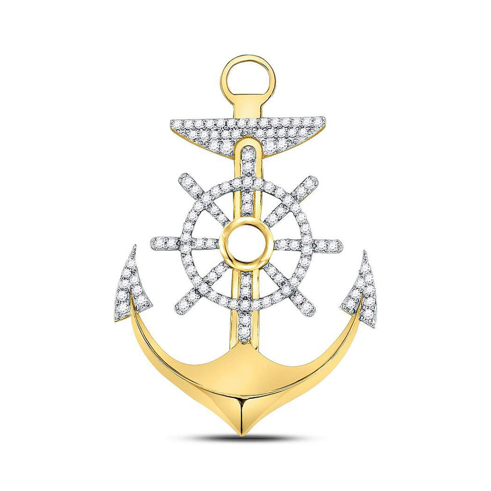 10kt Yellow Gold Mens Round Diamond Anchor Wheel Nautical Charm Pendant 1-1/5 Cttw