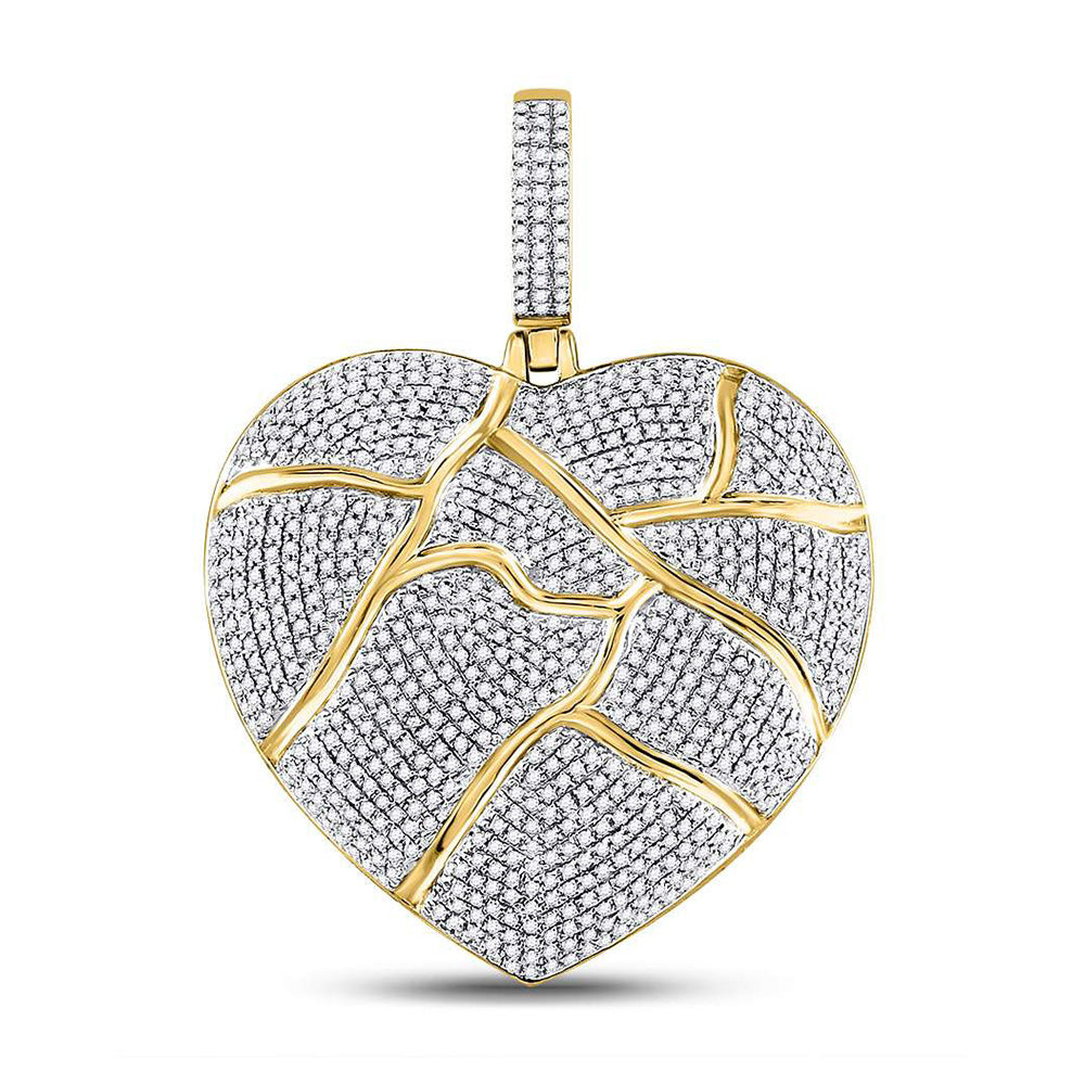 10kt Yellow Gold Mens Round Diamond Fractured Broken Heart Charm Pendant 1-1/2 Cttw
