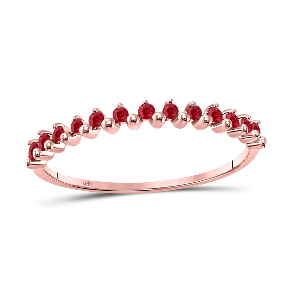 10kt Rose Gold Womens Round Ruby Single Row Stackable Ring 1/8 Cttw