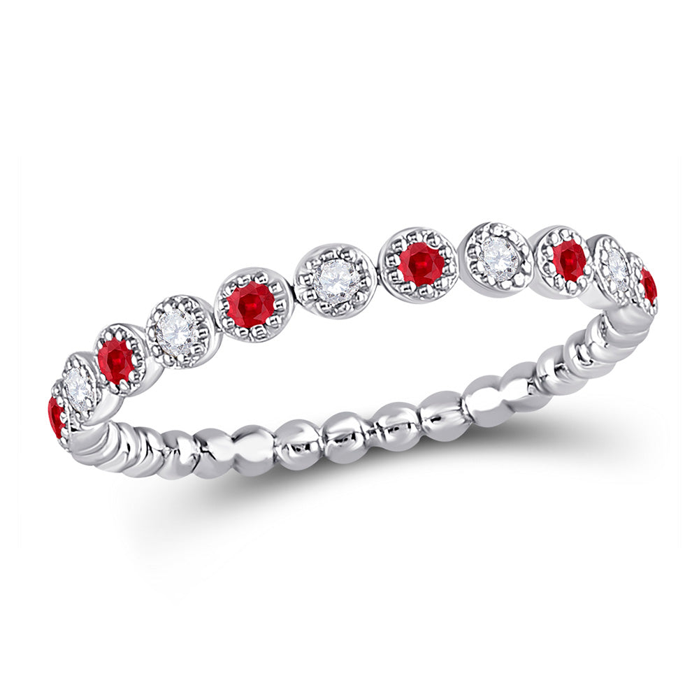 10kt White Gold Womens Round Ruby Diamond Bead Dot Stackable Band Ring 1/5 Cttw