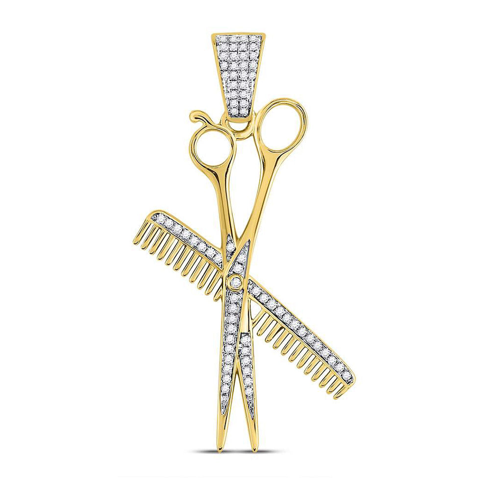 10kt Yellow Gold Mens Round Diamond Barber Scissors Comb Clippers Charm Pendant 1/3 Cttw