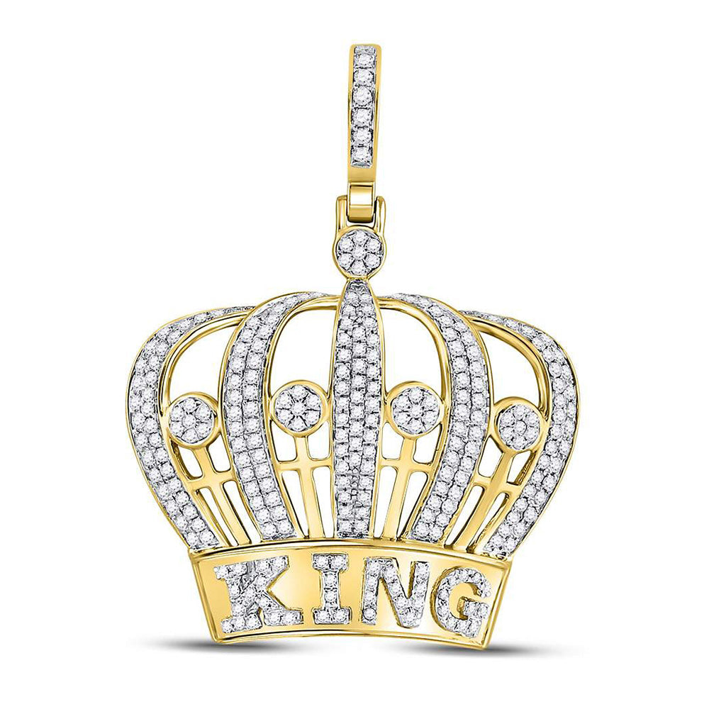 10kt Yellow Gold Mens Round Diamond King Crown Charm Pendant 1 Cttw