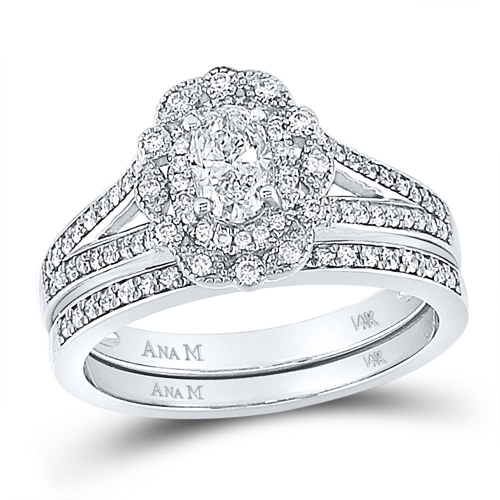 14kt White Gold Oval Diamond Halo Bridal Wedding Ring Band Set 1 Cttw