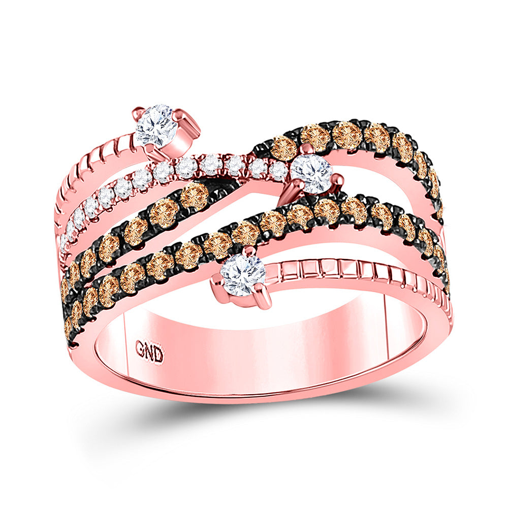 10kt Rose Gold Womens Round Brown Diamond Crossover Fashion Ring 1 Cttw